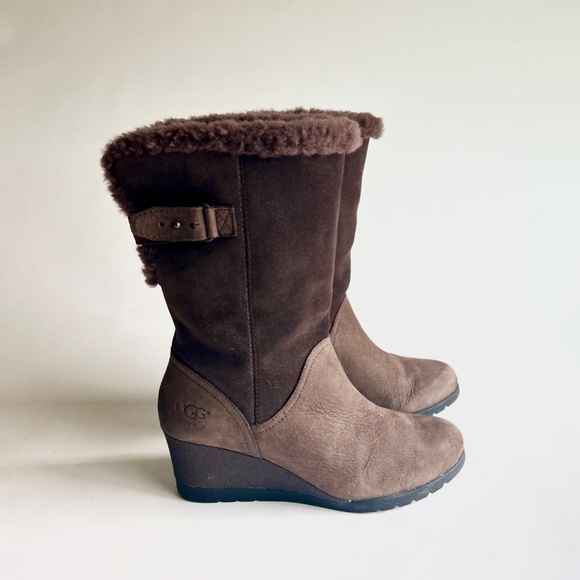 UGG Chocolate Brown Suede Genuine Leather Sheepskin Lining Mid Calf Boots size 8 - Picture 2 of 16